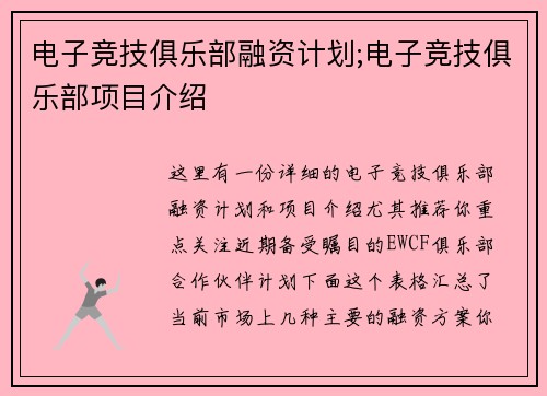 电子竞技俱乐部融资计划;电子竞技俱乐部项目介绍